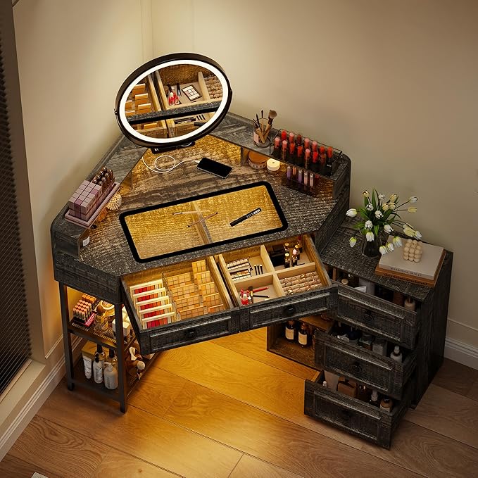 Corner Vanity Desk with Rotating Mirror and Lights,Glass Top Makeup Vanity with Human Body Senor&Charging Station,LED Vanity Table Set with 5 Drawers and Shelves for Bedroom