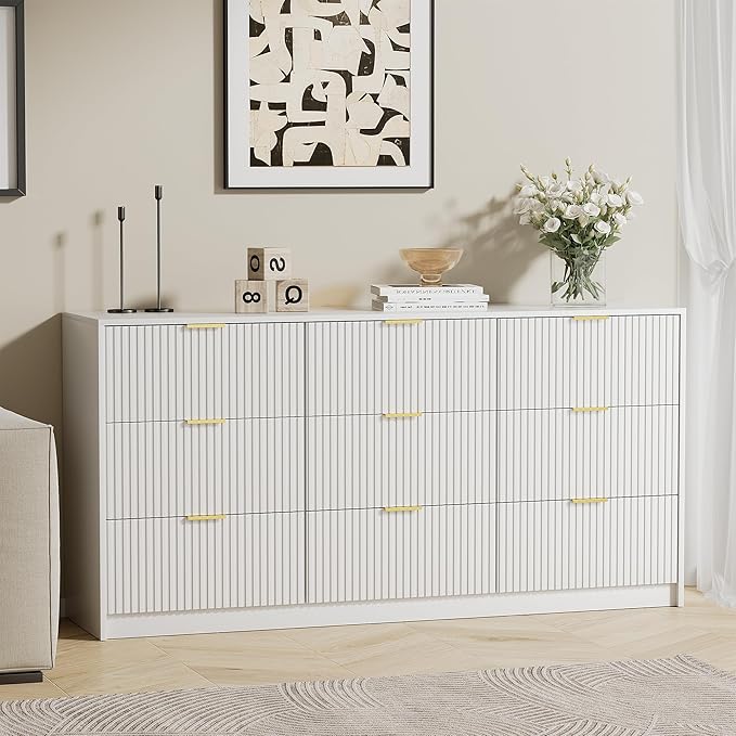 White Dresser for Bedroom, Modern 9 Drawer Dresser with Smooth Slides and Gold Handles, Wide Bedroom Chest for Living Room, Closet, 63" W x 15.7" D x 31.5" H
