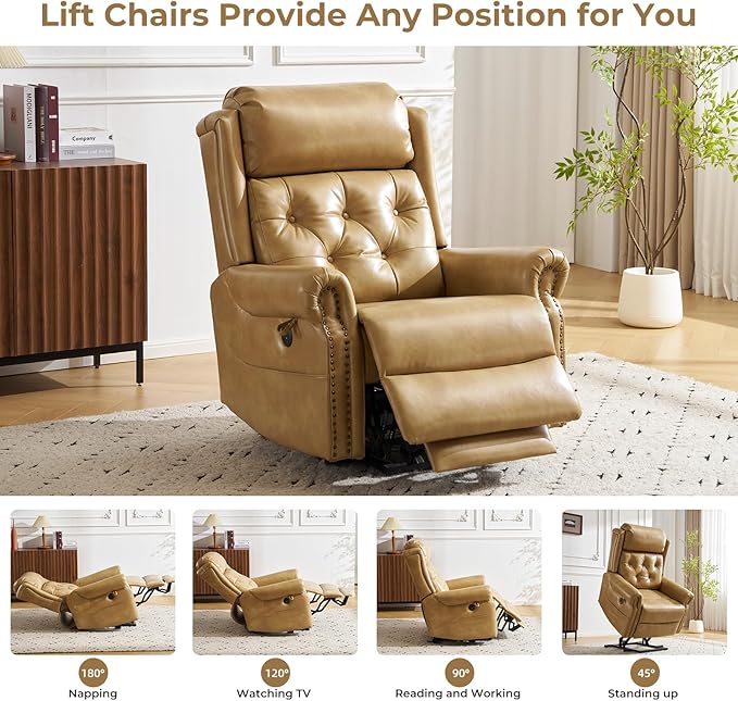 Large Power Lift Recliner Chair for Elderly, Oversized Lay Flat Recliner with Massage and Heat, Electric Lift Chair with Adjustable Headrest, Extended Footrest, USB Ports, Beige