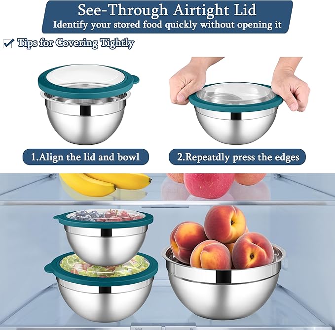LIANYU Stainless Steel Metal Mixing Bowls, 3 Packs Deep Nesting Mixing Bowls Set for Baking Cooking and Prepping, 4.6 & 3 & 1.5QT Large and Small Size, Include Visible & Airtight Lid, Blue
