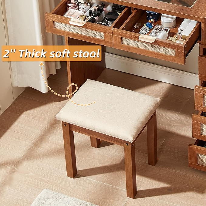 LEYAOYAO Vanity Stool, Elegant Makeup Stool with Comfortable Fabric Cushion, Sturdy Wooden Frame, Modern Vanity Bench for Bedroom and Bathroom-Tea Brown