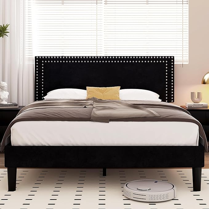 VECELO Full Size Bed Frame with Adjustable Upholstered Headboard, Wooden Slats Platform, Noise-Free Design, Easy Assembly