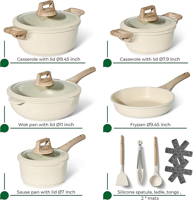 JUST PERFECTO Induction Pots Set - Pan Set with Lid - Induction Pots Set - Pots & Pans Set without PTFE and PFOA - Cookware Pot Set Induction 14Pcs (light beige)