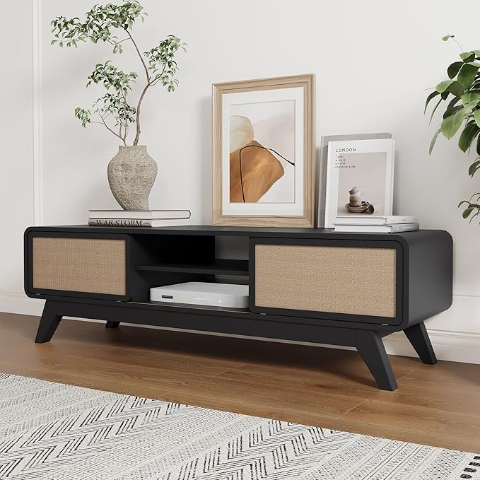 AVZEAR Farmhouse Black TV Stand for TVs up to 65'', Modern Entertainment Center with Storage, TV Cabinet TV Table with Nature Linen Doors, Media Console TV Consoles for Living Room Bedroom (Black)