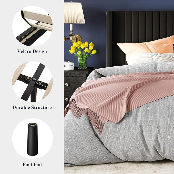 Allewie Queen Size Velvet Bed Frame/Vertical Channel Tufted Wingback Headboard/Upholstered Platform Bed/Strong Wooden Slats/No Box Spring Needed/Easy Assembly/Black
