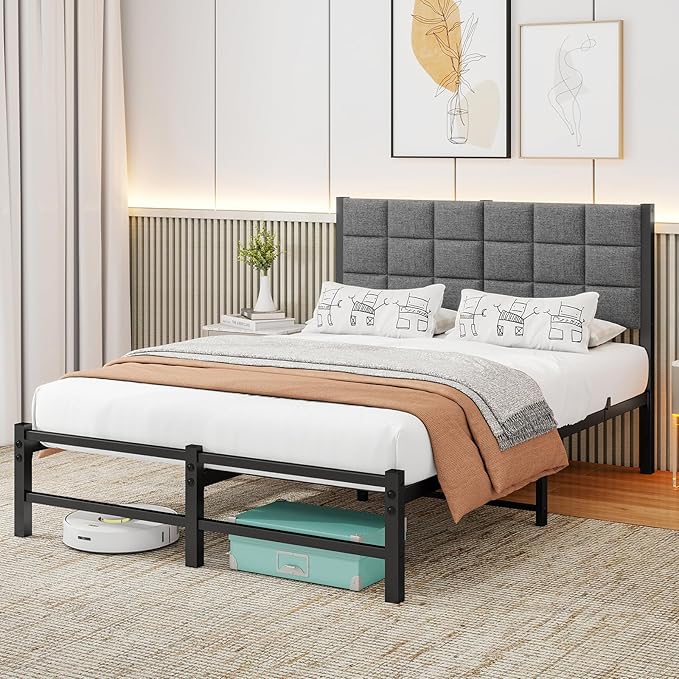 Twin Bed Frame Upholstered Platform Bed Frame with Headboard,Metal Bed Frame Twin Size with Metal Slats Support,No Box Spring Needed/Under Bed Storage/Easy Assembly,Noise Free,Grey