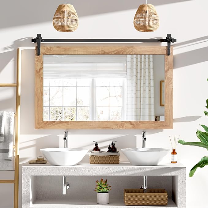 Farmhouse Mirror 42”x28” Bathroom Mirror for Over Sink, Bathroom Vanity Mirrors, Barn Door Style Mirror Farmhouse Decor