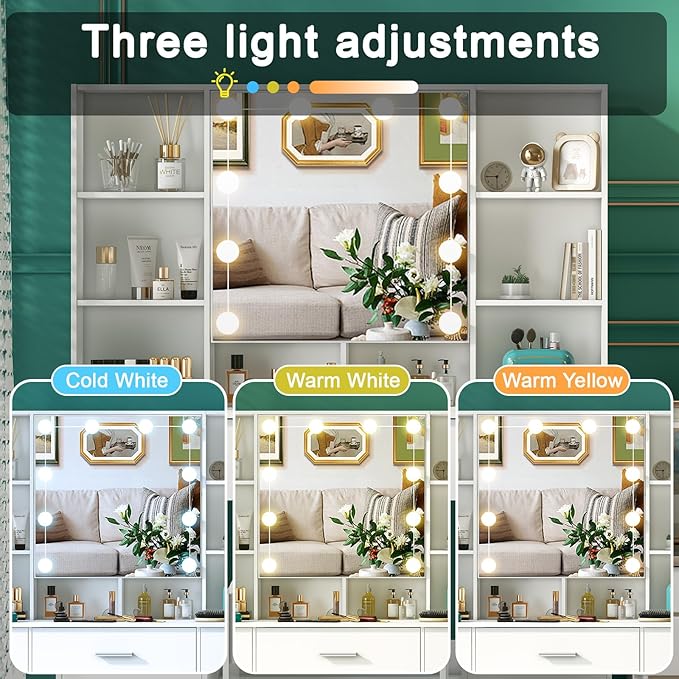 White Vanity Desk with Mirror and Lights, 3 Color and Brightness Adjustable Makeup Flip Mirror with Lights, Bedroom Dressing Table Vanity Stool Set and 7 Storage Drawers & 9 Shelves