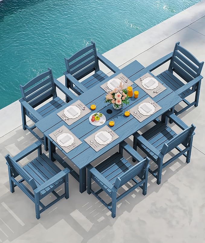 SERWALL Patio Dining Table and Bench Set for 6, Blue