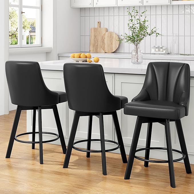 Swivel Bar Stools with Backs, 24" Counter Height Bar Stools Set of 2, PU Leather Upholstered Counter Barstools with Solid Wood Legs for Kitchen Island, Home Bar, Black