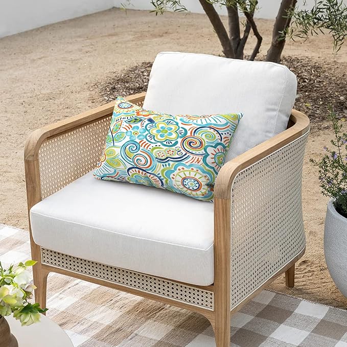 Outdoor/Indoor Lumbar Pillows, Water Repellent Cushion Pillows, 12x20 Inch, Outdoor Pillows with Inserts for Home Garden, Pack of 2, Flower Blue