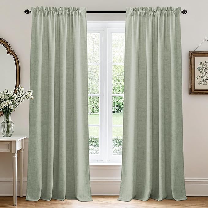 RYB HOME Linen Sheer Curtains and Drapes for Living Room 63 inches Length, Breathable Weave Textured/Rod Pocket Semi Sheer Curtains, Sage Green, W 52 x L 63 inches, 2 Panels Set