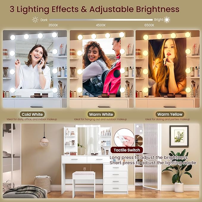 Vanity Desk with Mirror & Lights, Makeup Vanity with 6 Drawers, 6 Open Shelves and Power Outlet, 48” Storage Makeup Vanity Desk with Stool Bench for Women, Girls, Bedroom, White