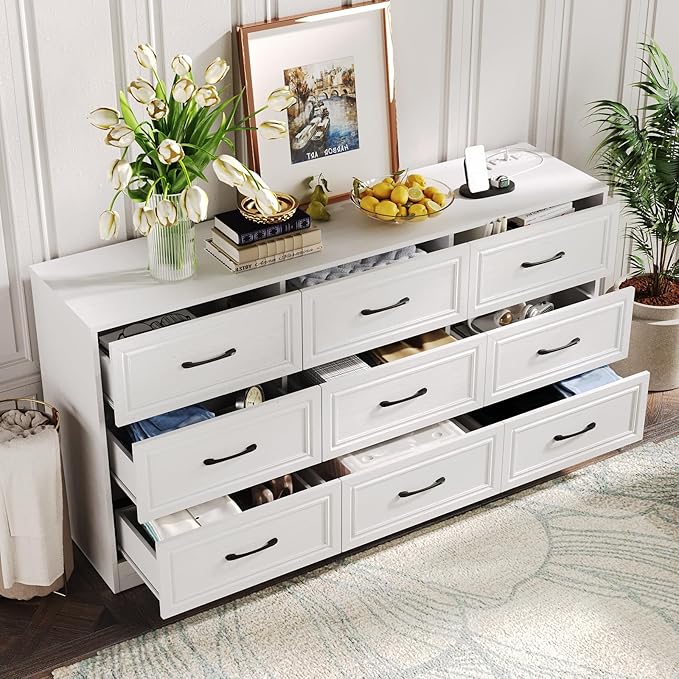 Fameill Dresser for Bedroom, 9 Drawer Wide Dresser Organizer with Charging Station, Tall Dresser for Hallway, Wood Dresser with Metal Handles, Woodgrain White