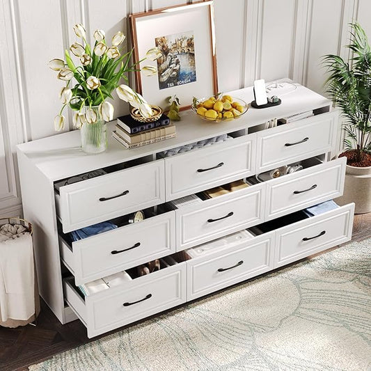 Fameill Dresser for Bedroom, 9 Drawer Wide Dresser Organizer with Charging Station, Tall Dresser for Hallway, Wood Dresser with Metal Handles, Woodgrain White