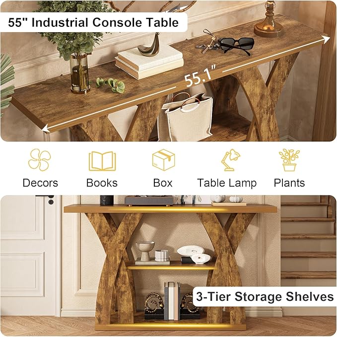 Farmhouse Console Tables, 55-Inches Narrow Console Tables 3-Tier Rustic Wood Sofa Behind The Couch Table Entryway Table for Living Room, Bedroom, Home Office (Tiger Brown)