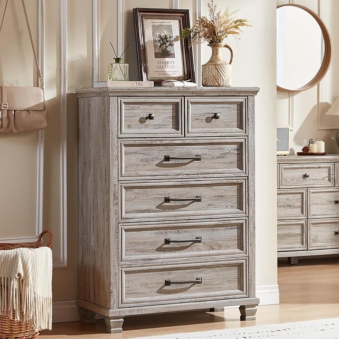 Farmhouse 6 Drawer Dresser for Bedroom, 45 Inch Tall Vintage Wood Chest of Drawers, Rustic Dressers w/Square Wooden Legs, Mid-Century Storage Organizer for Living Room, Hallway, Grey
