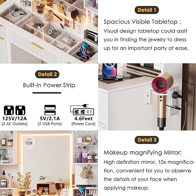 PAKASEPT Vanity Desk with Mirror and Lights, Fluted Makeup Vanity Desk with Lights 3 Colors, Glass Top Vanity with 16 RGB Colors Cabinet, 2 Shelves & 5 Drawers & Power Outlet