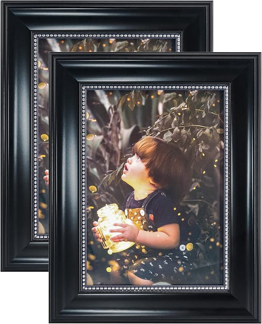 GraduationMall 5x7 Picture Frames, Real Glass, Display Photos for Wall or Tabletop, Black with Silver Beads, 2-Pack
