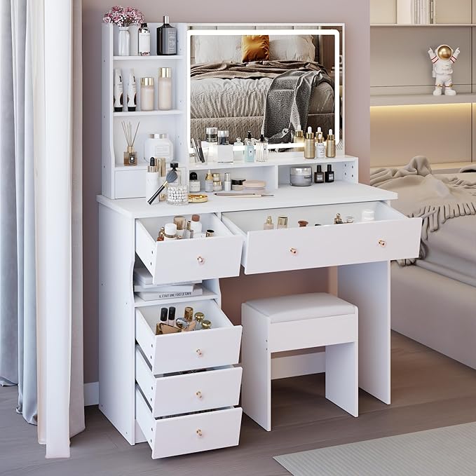 41" Vanity Desk with Mirror and Lights, Makeup Table with Led Mirror, 3 Lighting Colors, Vanity Set with 6 Drawers and Stool for Bedroom, White