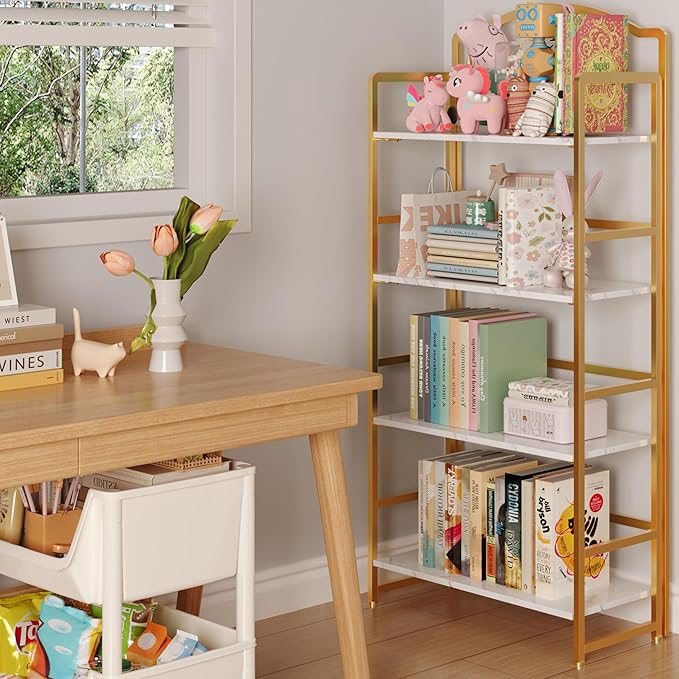 JSB No Assembly Folding Bookshelf, 4 Tier Book Shelf for Storage, Vintage Wood Foldable Bookcase for Living Room, Bedroom, Office Organization Shelves