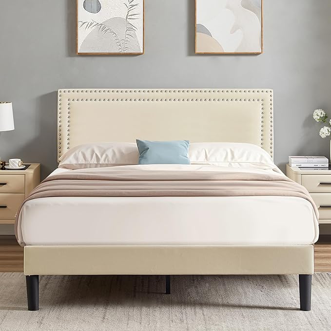 VECELO Full Size Platform Bed Frame with Height Adjustable Upholstered Headboard, Modern Mattress Foundation,Strong Wood Slat Support, No Box Spring Needed, Easy Assembly
