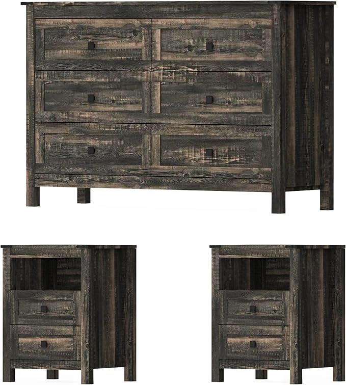 Farmhouse 6 Drawer Dresser & 2 Nightstand Set for Bedroom, Wood Dresser with Metal Handle for Bed Room, Hallway, Light Black Rustic Oak