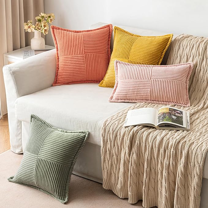 MIULEE Decorative Throw Pillow Covers for Couch Bed Livingroom 16x16 Inch Set of 2 Light Olive Green Boho Accent Throw Pllows Broadside Striped Patchwork Soft Corduroy Summer Pillowcases