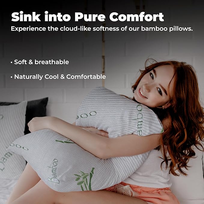 OMEO 2 Pack Queen Size Rayon Derived from Bamboo Pillow for Sleeping Shredded Memory Foam Bed Pillows for Side, Back and Stomach Sleepers, Soft, Cooling, Adjustable and Washable Cover 20" x 30"