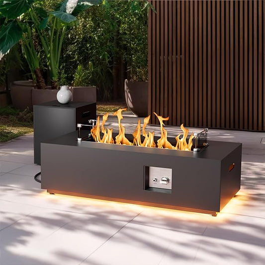 2-Piece 42" LED Rectangular Propane Fire Pit for Outside Patio with Hidden Tank Table, 50,000 BTU Fireplaces with Glass Wind Guard, Lid, Glass Rocks, Cover(Black w/Warm Light)