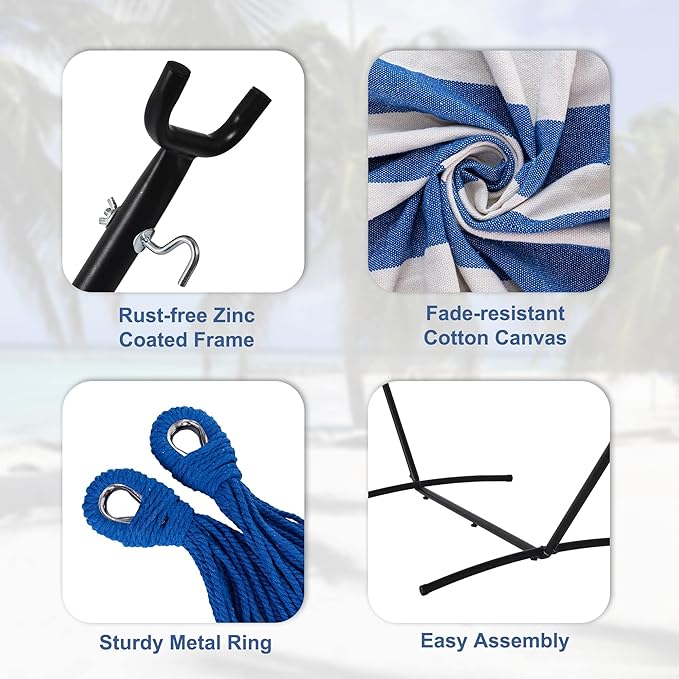 Lazy Daze Hammocks Double Hammock with 9 ft Space-Saving Steel Stand Includes Portable Carrying Case, 450 Pounds Capacity (Blue White)