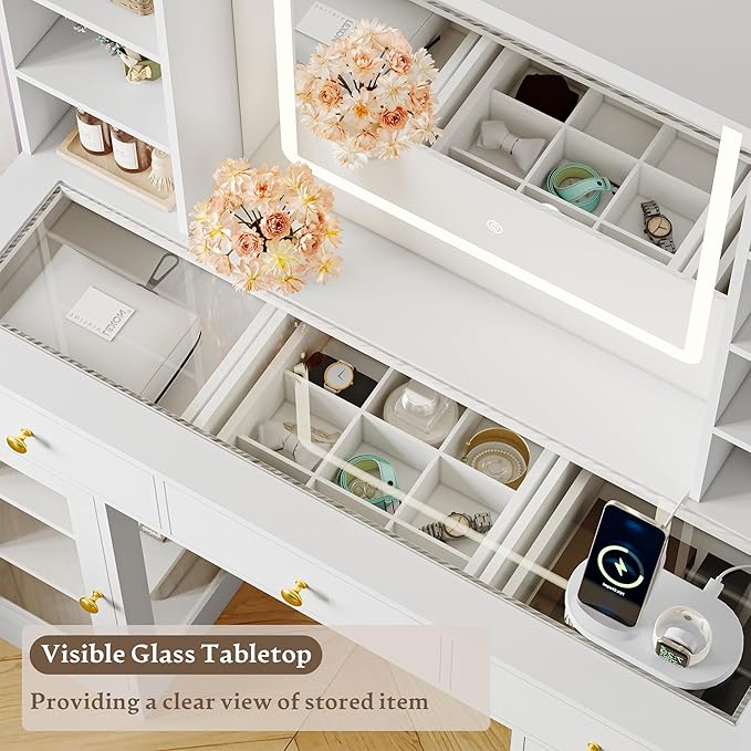 Makeup Vanity Desk with HD Lighted Mirror & Power Outlet, Glass Top Vanity Table Set with Storage Drawers & RGB Cabinets, Large Dressing Table with 3 Lighting Modes for Bedroom Women Girls Kids, White