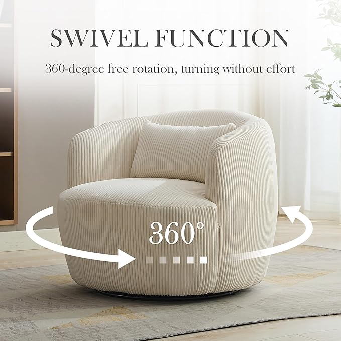 Aoiy & Wifon 34.25" W Swivel Barrel Chair Set of 2, Upholstered Round Small Accent Chair, Single Comfy Barrel Chair for Living Room, Corduroy, Light Gray