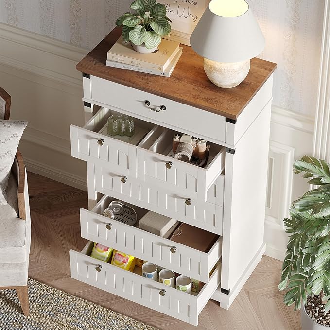 Maupvit Farmhouse 7 Drawer Dresser for Bedroom, 47" Tall Dresser Wood Chest of Drawers, Organizer Drawers for Bedroom, Living Room, Storage Room, Antique White