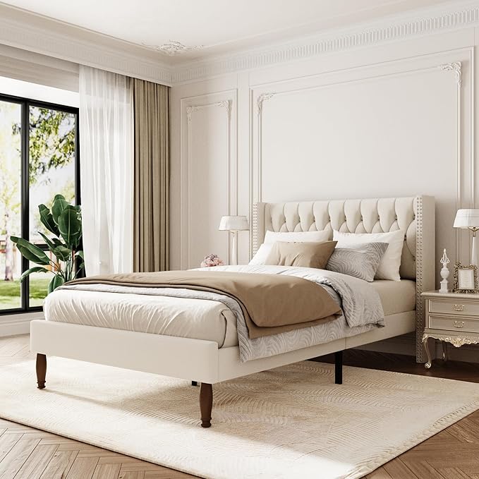 Full Size Velvet Upholstered Bed Frame, 49.2" Tall Wingback Headboard, Deep Button Tufted, No Box Spring Needed, Solid Wood Legs, White