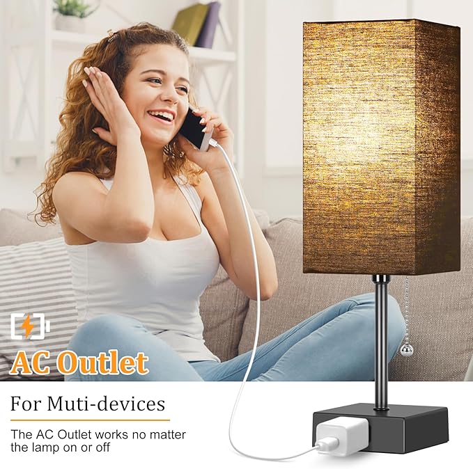 Table Lamp for Bedroom set of 2,3-Color Bedside Lamps with Pull Chain Table Lamps for Nightstand with AC Outlets, Night Light Lamps with 2 Bulbs Lamps for Living Room Kids Office Decor（Black）