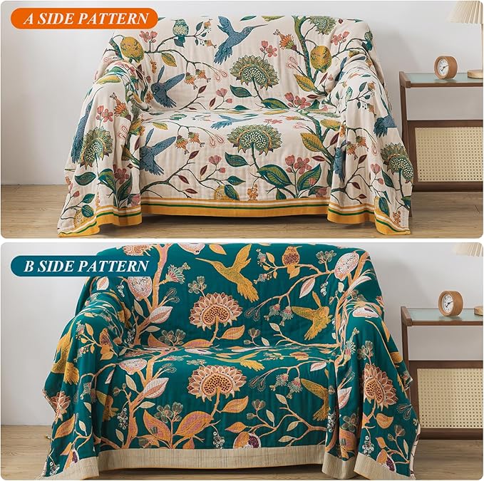 Boho Throw Blanket for Bed-100% Cotton Soft Breathable Farmhouse Decor Boho Quilt for Sofa (Flower Bird, 80"x90")