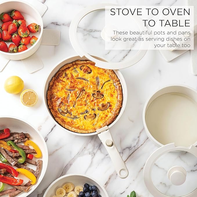 Country Kitchen Cookware Set with Removable Handle, Oven & RV Safe Pots and Pans Set, Cream, Deluxe Larger Set