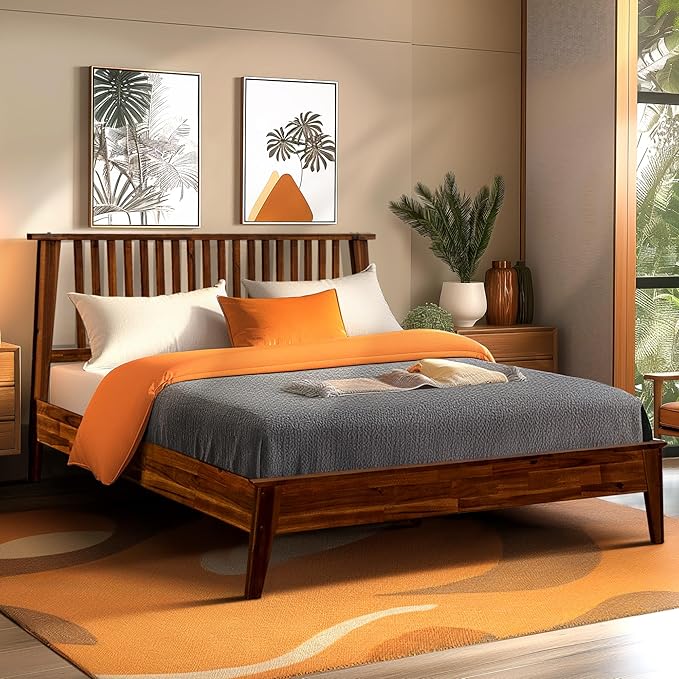 Acacia Kaylin King Size Bed Frame with Headboard, Queen Bed Frame with Headboard 800 lbs Capacity Natural Wood Bed All Mattress Support & No Box Spring Needed, Wood Slats Support, Chocolate.