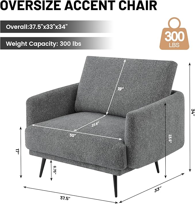 Oversized Accent Chair Set of 2 for Living Room Chairs Reading Arm Chair Comfy Modern Single Sofa Side Chairs with Metal Legs & Soft Cushion for Bedroom, Balcony,Waiting Room (Chenille, Dark Grey)
