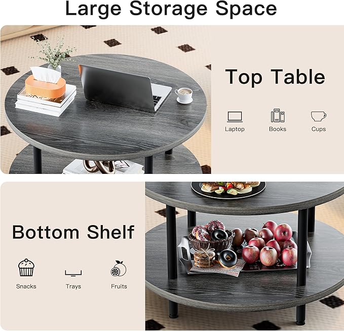 Coffee Table, 2 Tier Coffee Tables for Living Room, Round Coffee Table with Storage, Floor Table for Bedroom, Home Office, Grey (23.6" D x 18.1" H)