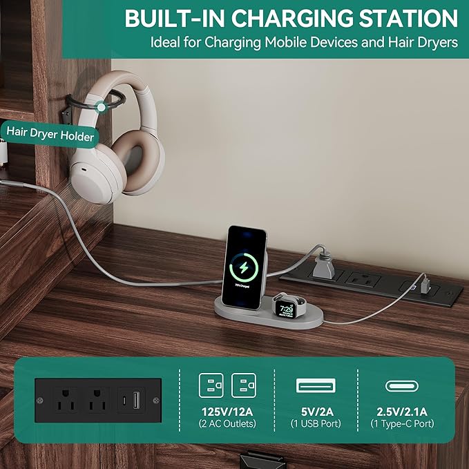 YITAHOME 48'' Farmhouse Makeup Vanity Desk with Mirror and Lights, 68'' 360° Rotation Big Modern Lighted Vanity Table with 6 Drawers & Lots Shelves, Rustic Large Dressing Table, Antique Brown