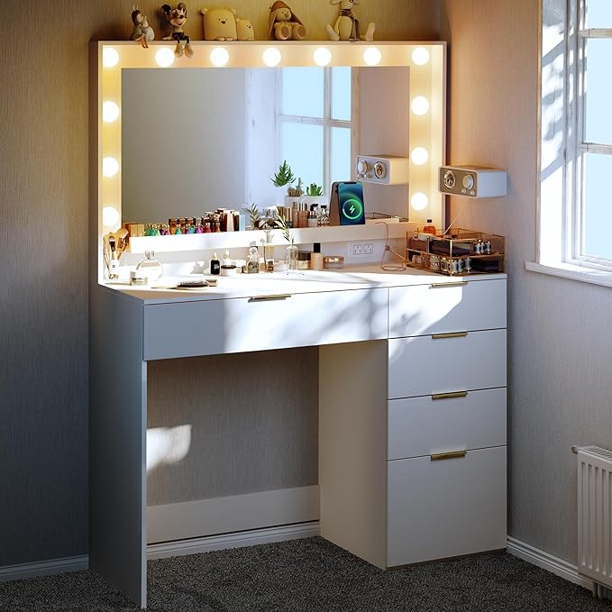Makeup Vanity Desk with Large Mirror and 13 LED Lights, 39.3in Vanity Table with Power Outlet & 5 Drawers, 3 Lighting Color Adjustable, Vanity Desk for Bedroom and Dressing Room, White