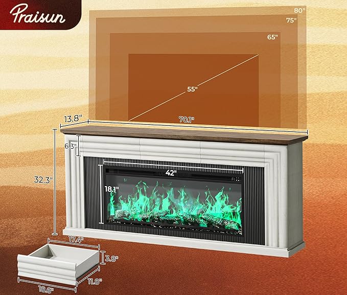 PRAISUN 70'' Fireplace TV Stand with 42'' Electric Fireplace, Farmhouse TV Stand for 65 75 Inch TV, Entertainment Center TV Console with 3 Drawers, Fluted Design, for Living Room, Distressed White