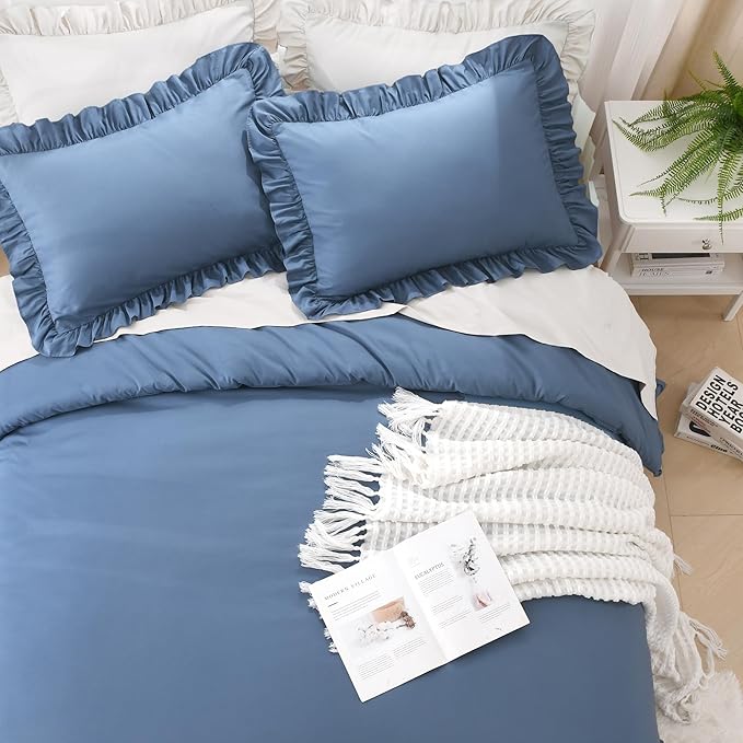 Litanika Ocean Blue Full Size Comforter Sets, 3 Pieces Ruffle Farmhouse Aesthetic Bedding Comforter Sets, All Season Soft Lightweight Fluffy Microfiber Bed Set(79x90In Comforter, 2 Pillowcases)