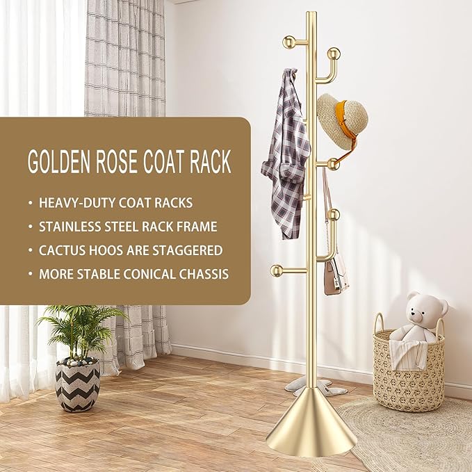 Modern Metal Coat Rack Stand with Cone Base, Heavy Duty Coat Rack Freestanding with 8 Hooks, Golden Cactus Standing Coat Racks for Bag, Jacket, Entryway Office (Golden cone base)