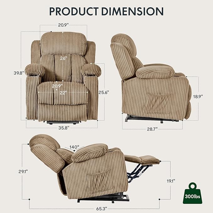 FLEXISPOT XL31 Power Lift Recliner Chair for Elderly, Electric Lift Chair with Massage & Heat, Corduroy Reclining Sofa w/Cup Holders, Side Pockets for Living Room Bedroom(Medium Size,Khaki)