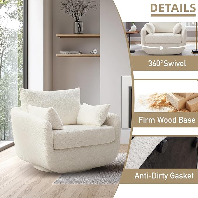 360° Swivel Accent Armchair, 39.3" Oversized, Sherpa Boucle Fabric Sofa Chair with Removable Back & Arm Pillows, Cream White Swivel Chair with Cozy Soft Padded, No Assembly Required