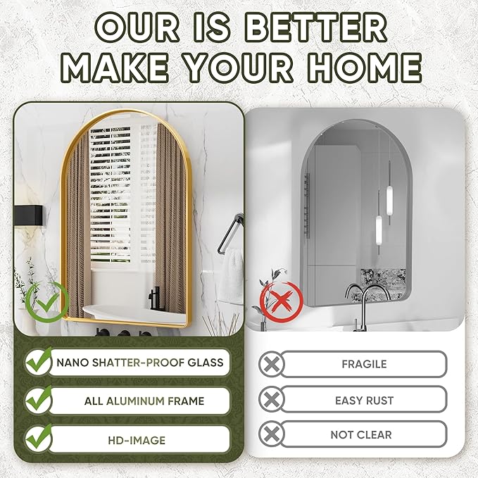 Suidia 24" x 36" Bathroom Mirror, Bathroom Vanity Mirror Metal Framed, Wall-Mounted Mirrors for Bedroom, Living Room, Entryway, Hallway, Gold, Arch Style