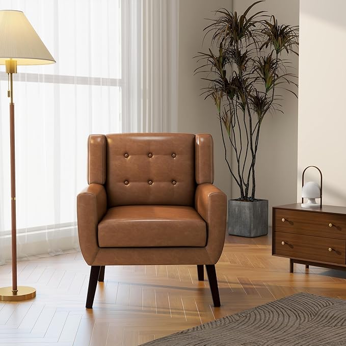 Accent Chair, Mid-Century Modern PU Leather Chairs with Arms for Living Room, Comfy Upholstered Club Single Sofa Armchair for Bedroom Waiting Room with Solid Wood Frame（Leather Brown, Set of 2)